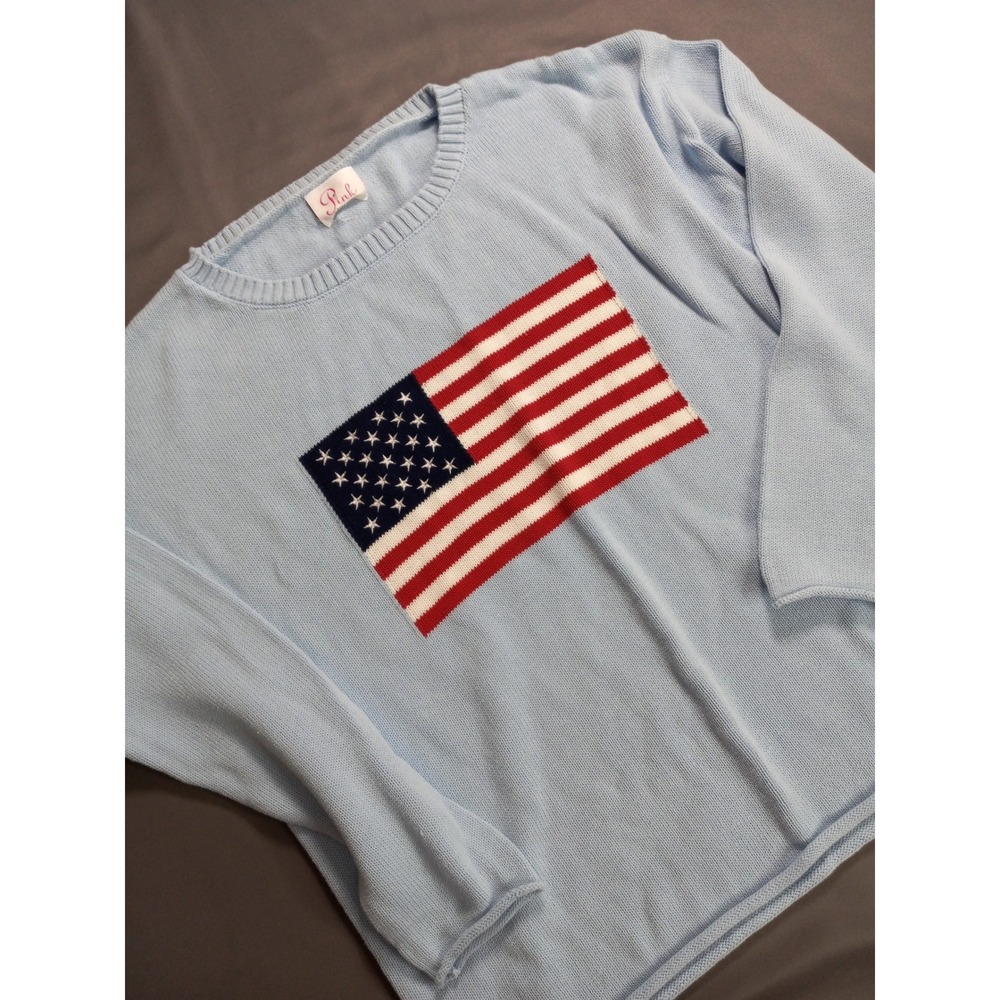 Pink Pineapple Womens Light Blue Coastal American Flag Cotton Sweater Size L
